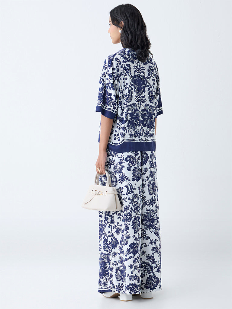 Westside LOV Women's Navy Botanical Design High-Rise Pants for Casual Wear Back View