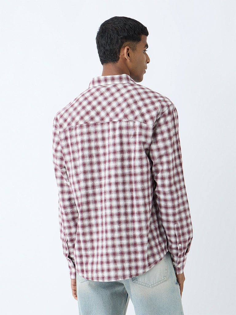 Nuon Maroon Checks Detailed Relaxed-Fit Cotton Shirt