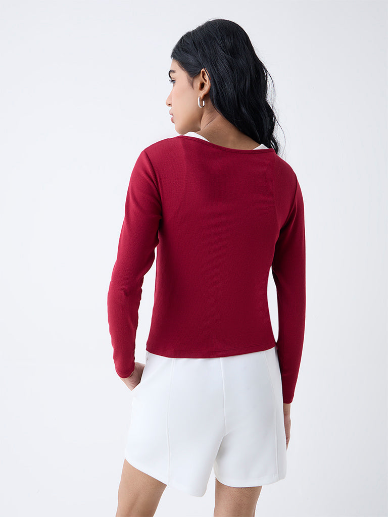 Westside Studiofit Women's Maroon Ribbed-Textured T-Shirt for Sports Wear Back View