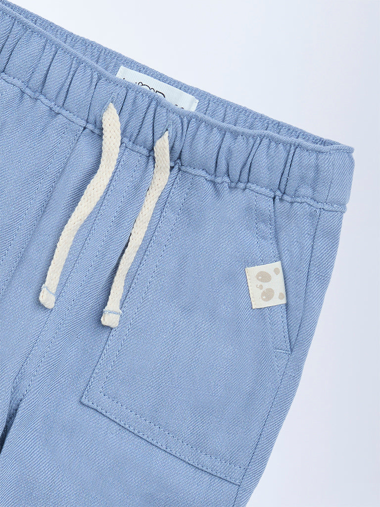 HOP Baby Boys Blue Solid Mid-Rise Cotton-Blend Trousers