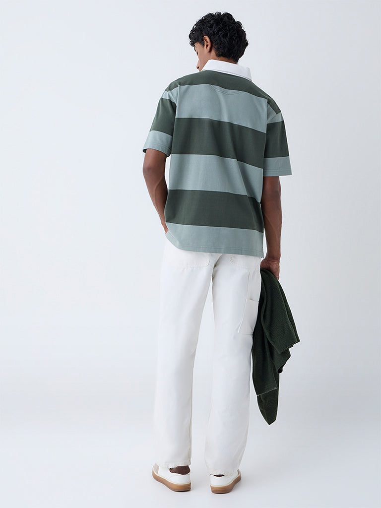 WES Casuals Olive Relaxed Fit Cotton-Blend Polo T-Shirt