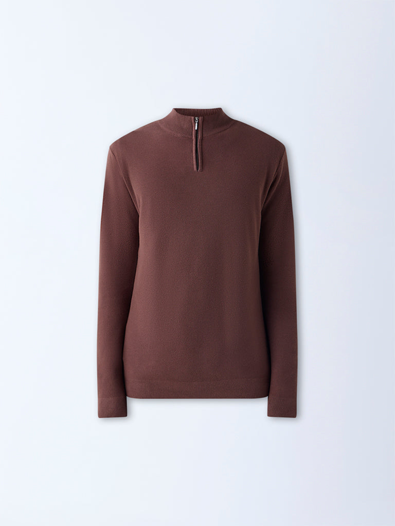WES Formals Brown Knit-Textured Slim-Fit Quarter-Zip Sweater