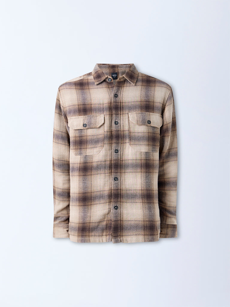Nuon Light Brown Checkered Relaxed-Fit Cotton Shirt