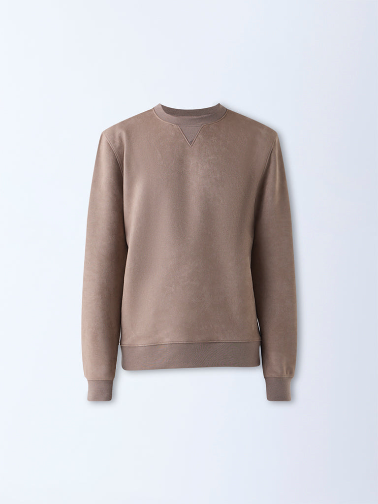 Studiofit Taupe Solid Relaxed-Fit Suede Sweatshirt