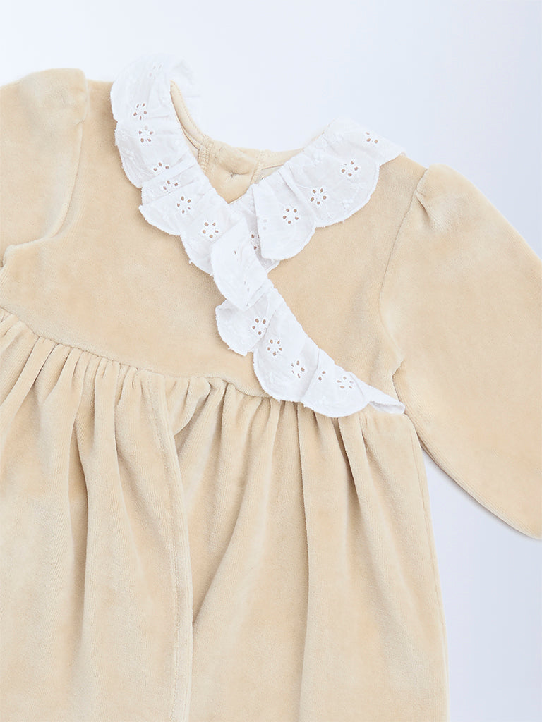 HOP Baby Girls Beige Schiffli Detailed Cotton-Blend A-Line Dress