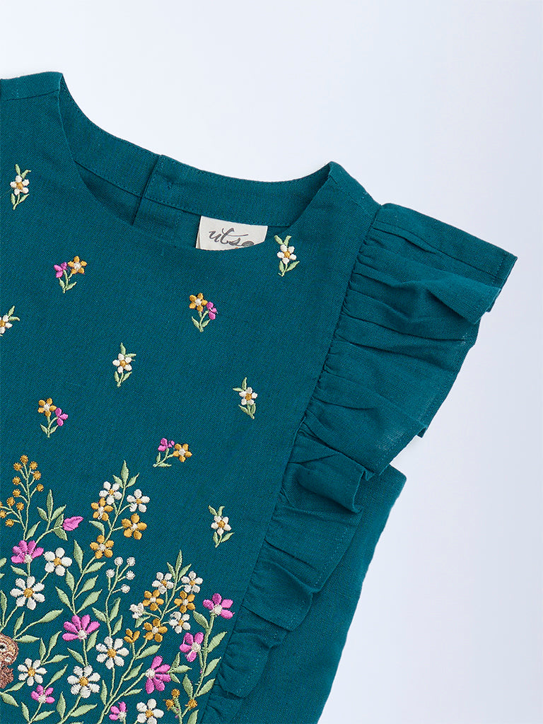 Utsa Kids Girls Teal Floral Embroidered Cotton-Blend Top - (2-8 yrs)