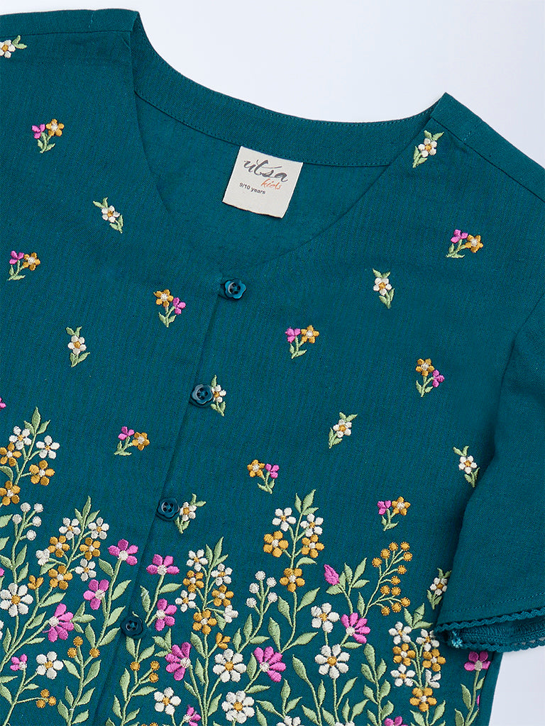 Utsa Kids Girls Teal Floral Embroidered Peplum Cotton-Blend Top - (8-14 yrs)