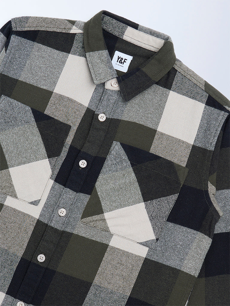 Boys Olive Checks Design Cotton Shirt
