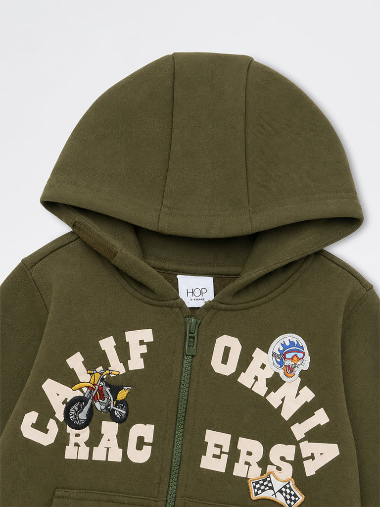HOP Kids Boys Dark Olive Printed Cotton-Blend Hooded Sweatshirt
