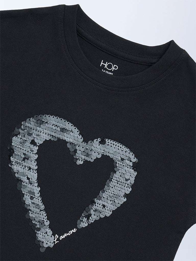 HOP Kids Girls Black Embellished Cotton T-Shirt