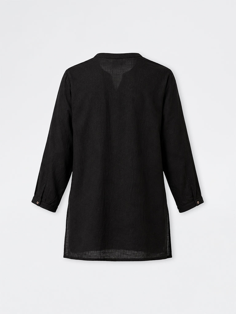 Utsa Black Floral Embroidered High-Low Cotton Tunic