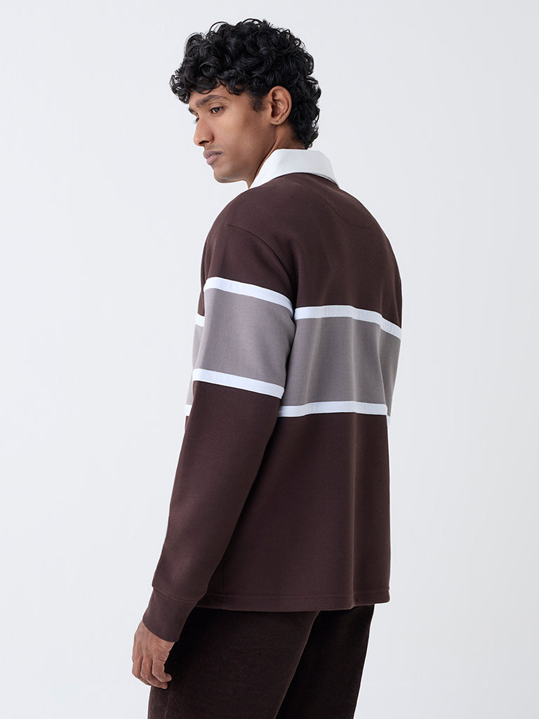 WES Casuals Dark Brown Relaxed-Fit Polo Cotton-Blend T-Shirt
