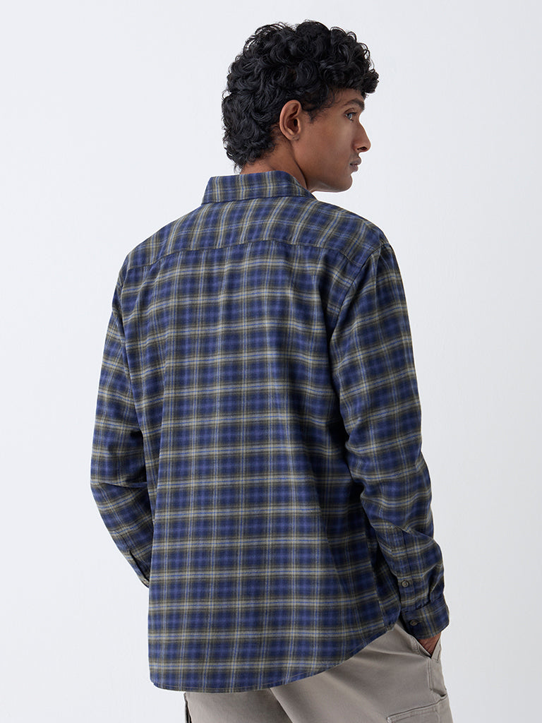WES Casuals Navy Check Design Relaxed-Fit Cotton Shirt