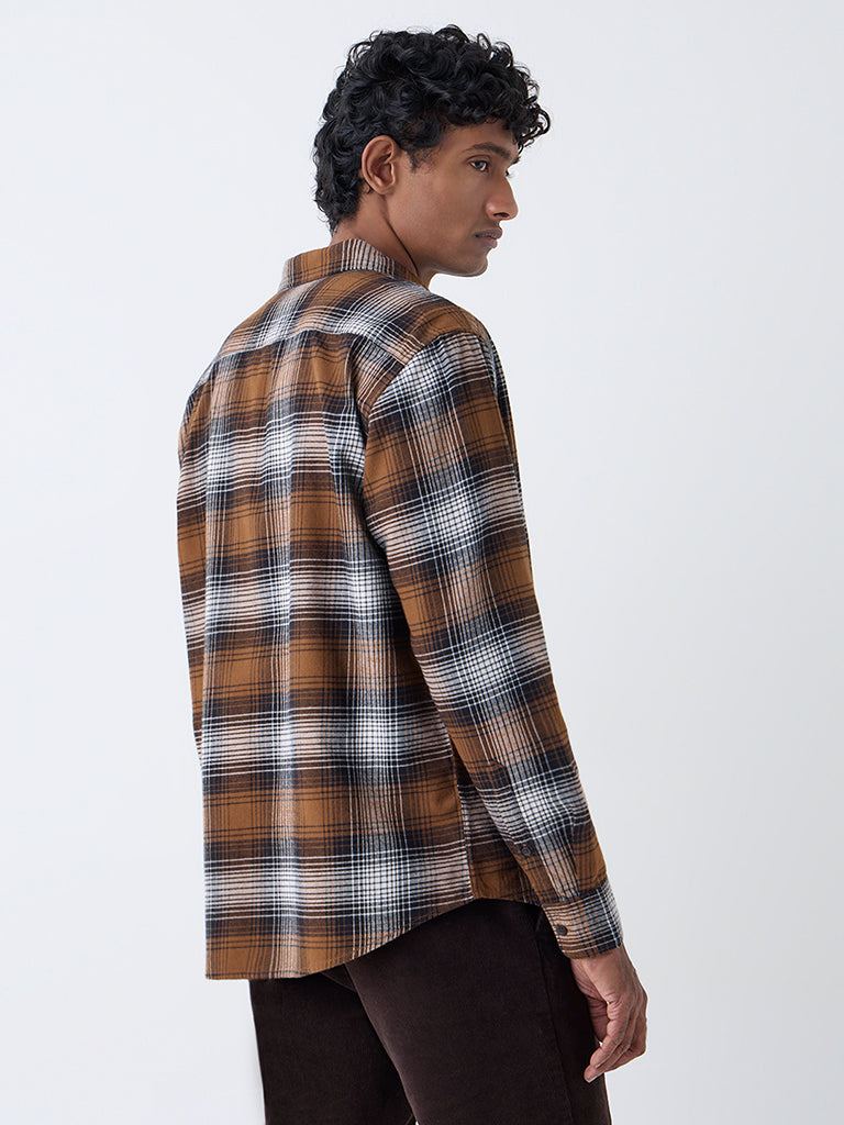 WES Casuals Brown Checkered Relaxed-Fit Cotton Shirt
