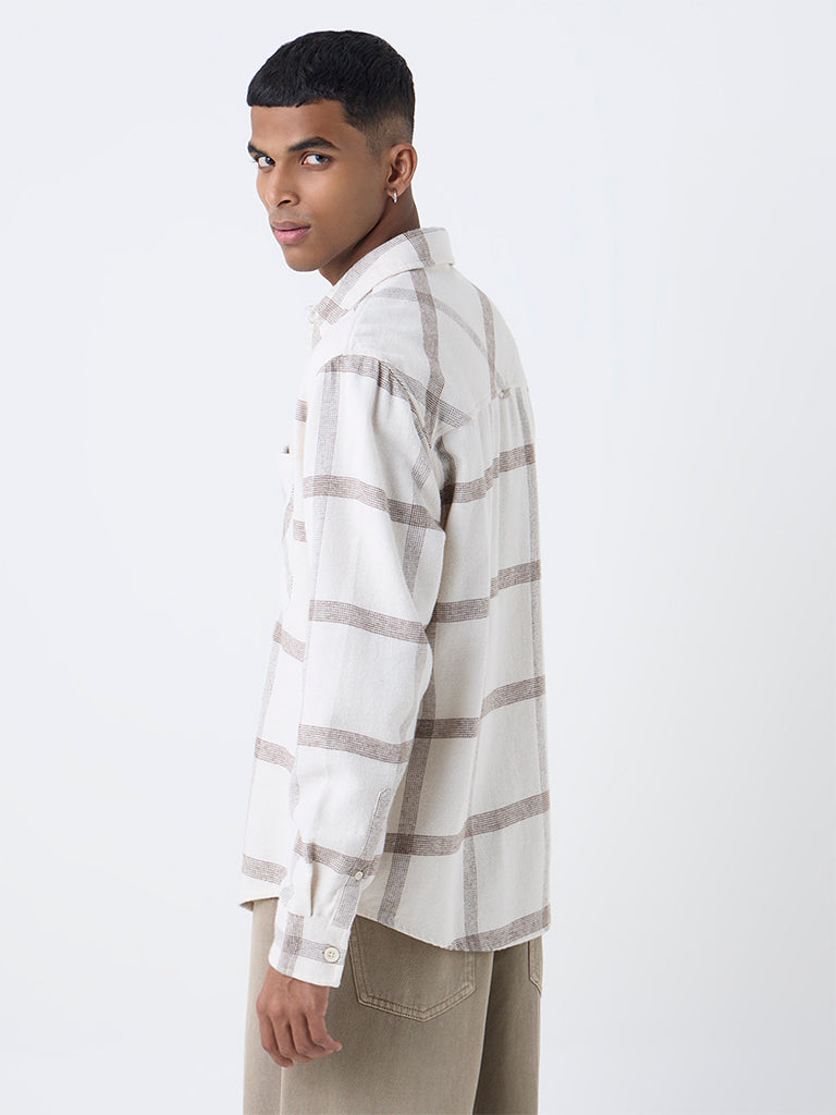 Nuon Beige Checks Printed Relaxed-Fit Cotton Shirt