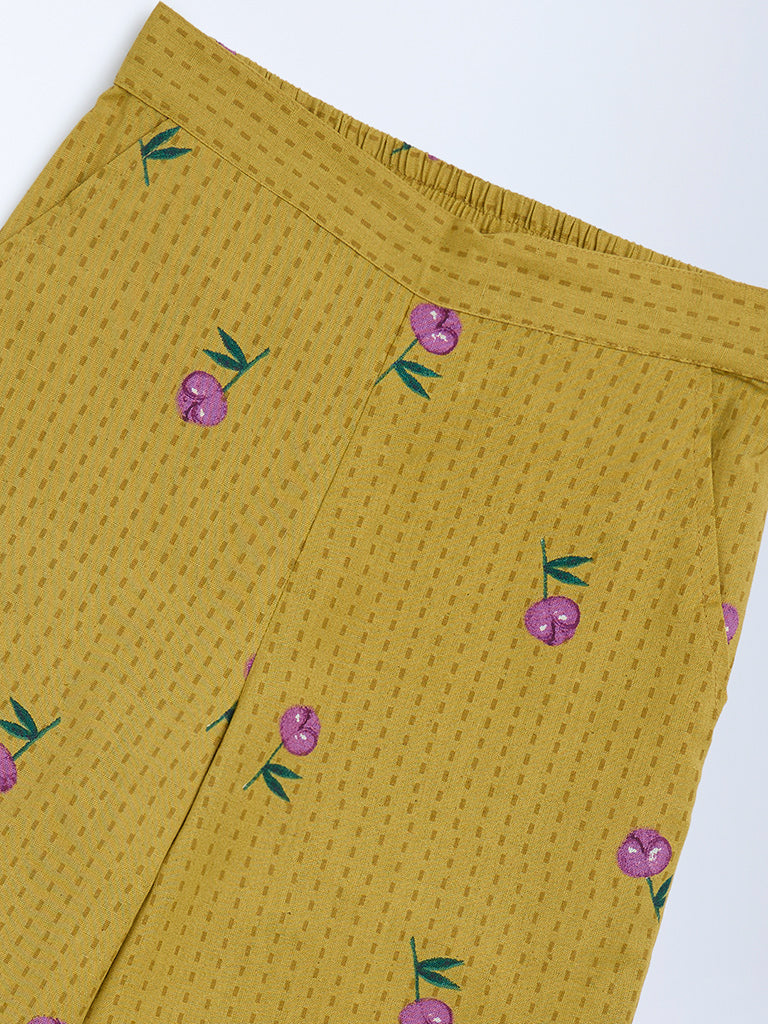 Utsa Kids Girls Mustard Floral Cotton-Blend Pants - (8-14 yrs)