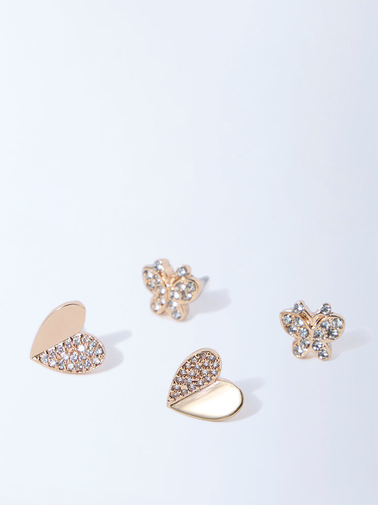 Westside Accessories Gold Heart and Butterfly Stud Earrings - Pack of 2
