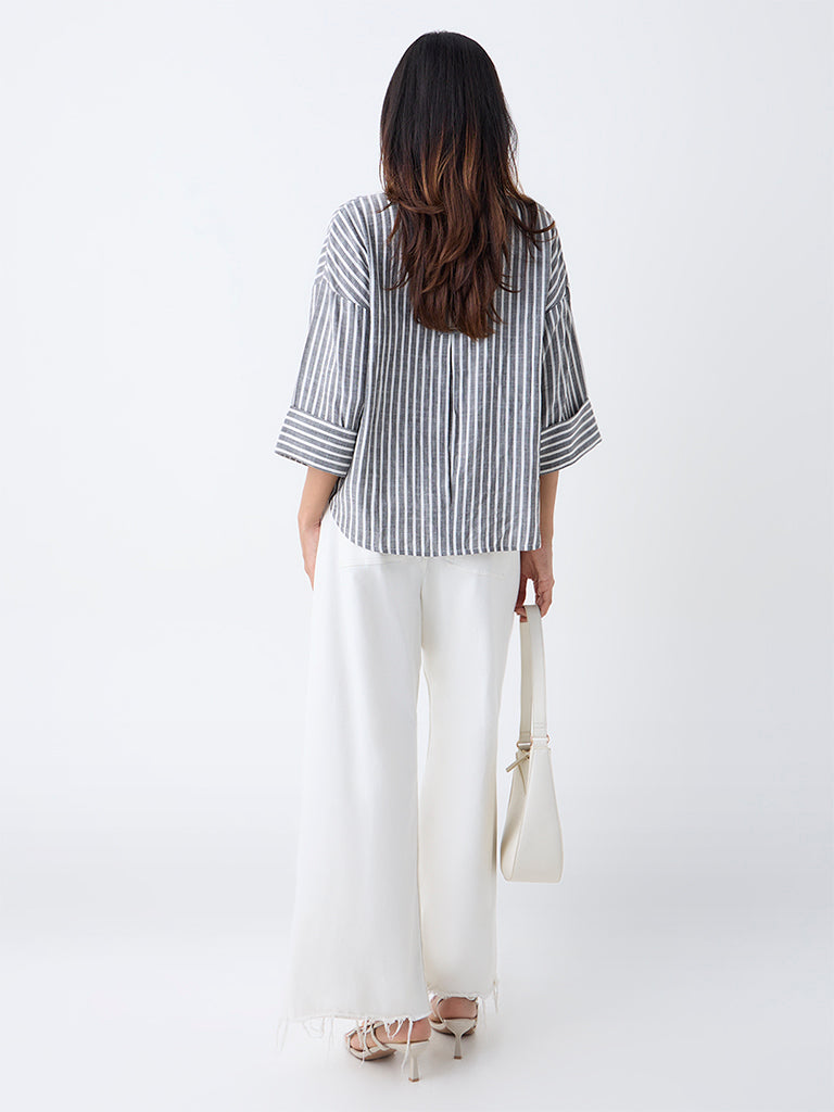 LOV Grey Stripe Printed Blouse