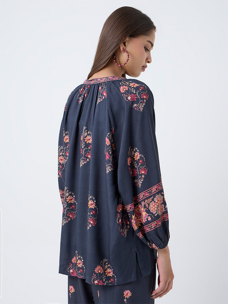 Utsa Black Floral Pattern Tunic