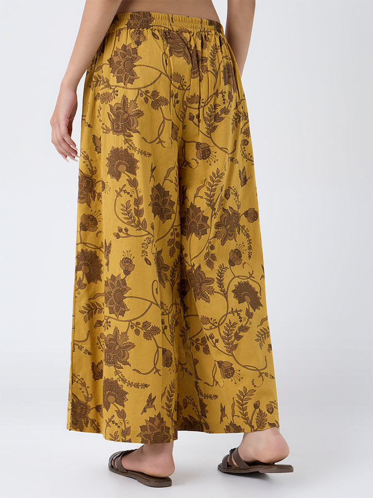 Utsa Mustard Botanical Design Cotton-Blend Palazzos