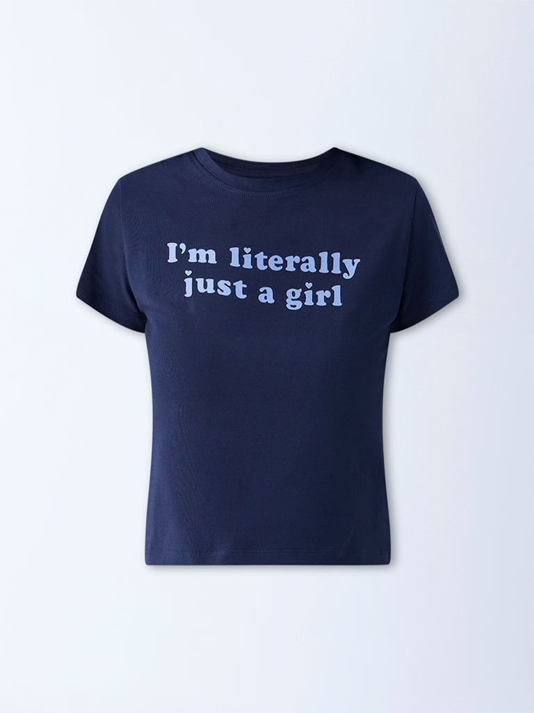 Superstar Dark Blue Text Design Cotton-Blend T-Shirt