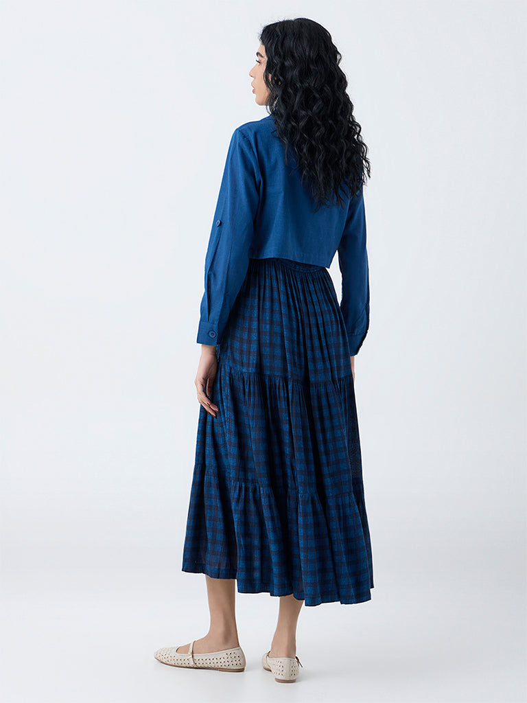 Bombay Paisley Dark Blue Checkered Tiered Dress with Jacket
