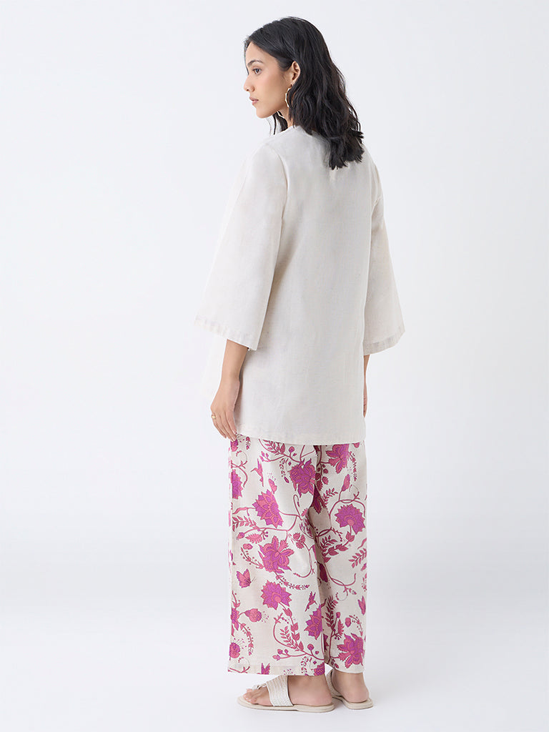 Utsa Off-White Floral Embroidered Cotton-Blend Tunic