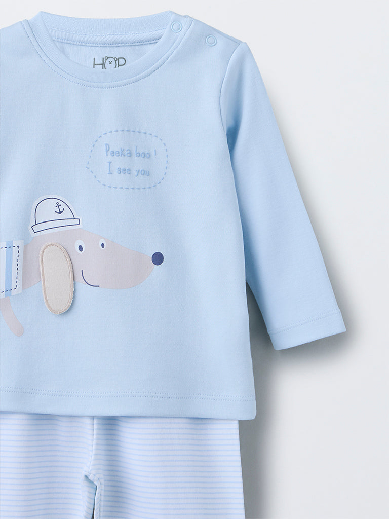 HOP Baby Boys Blue Animal Pattern Cotton T-Shirt with Pants Set