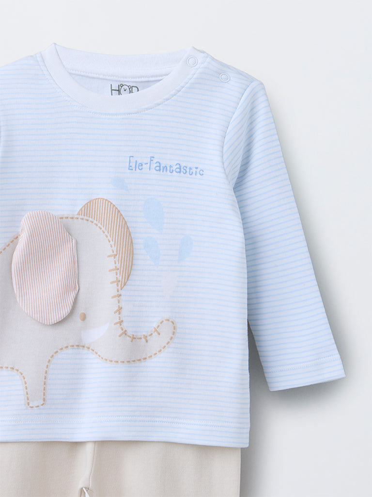 HOP Baby Boys Beige Animal Design Cotton T-Shirt with Pants Set