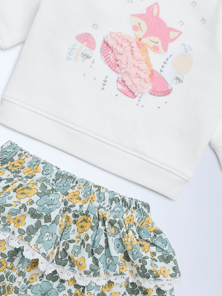 HOP Baby Girls White Printed Cotton-Blend Sweatshirt and Skirt Set