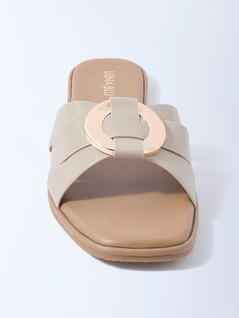 LUNA BLU Ivory Buckle-Detailed Slides - Exclusive