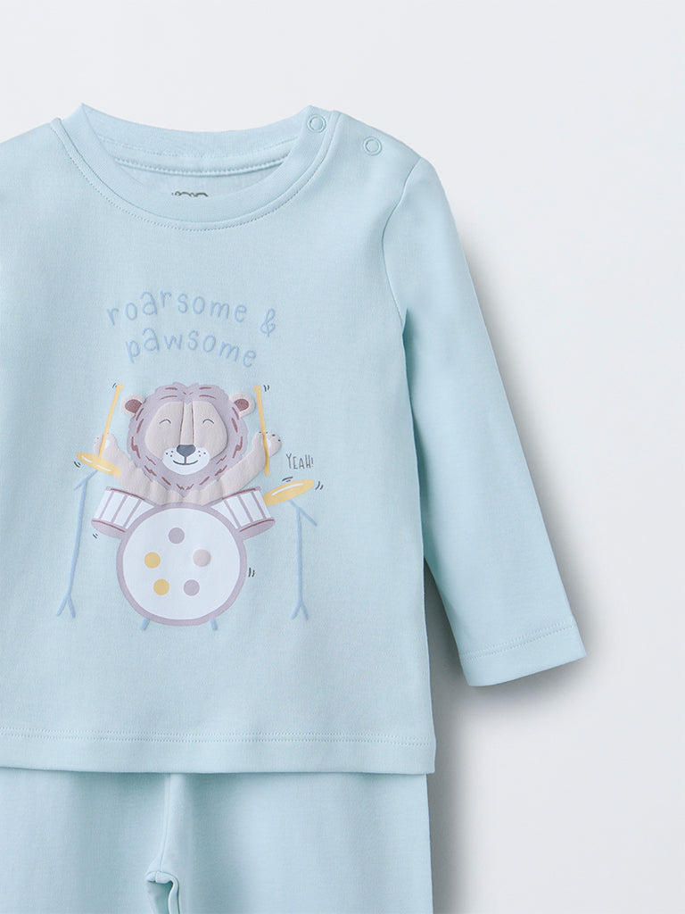 HOP Baby Boys Mint Animal Design Cotton T-Shirt with Pants Set