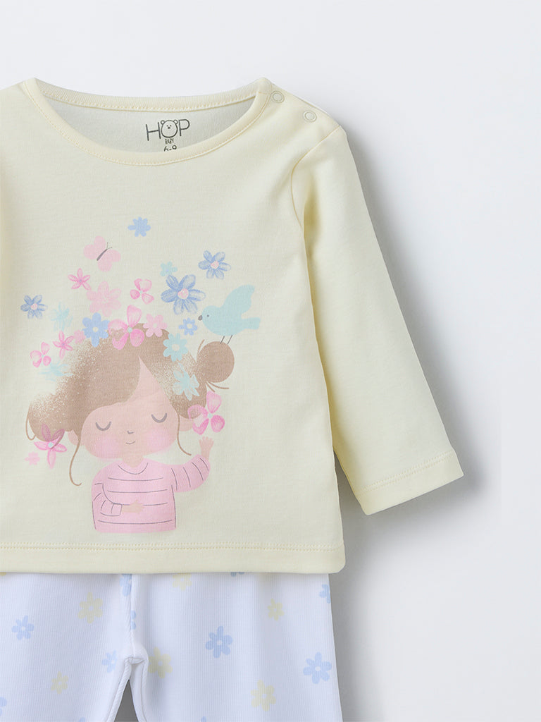 HOP Baby Girls Yellow Printed Cotton T-Shirt with Pants Set