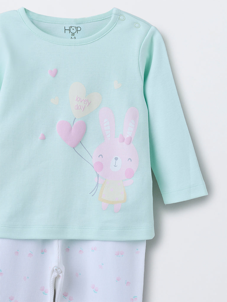 HOP Baby Girls Mint Printed Cotton T-Shirt with Pants Set