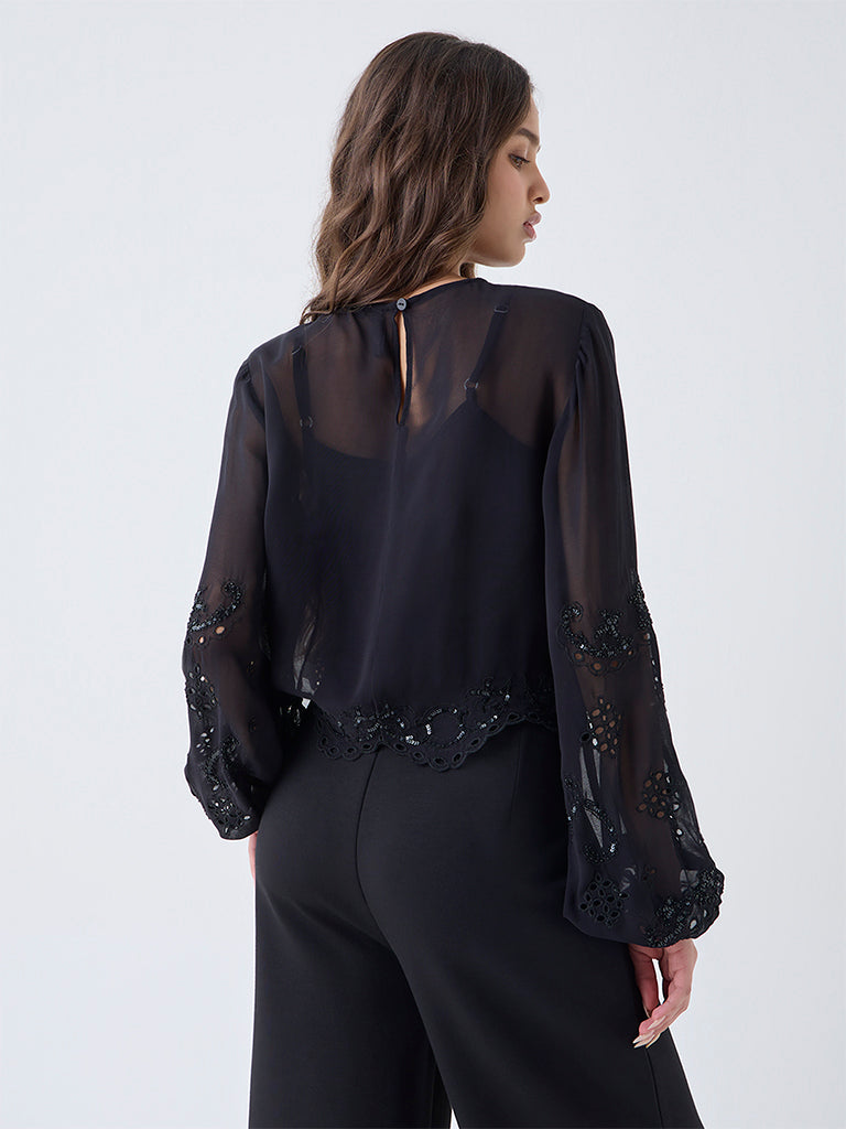 LOV Black Schiffli Embellished Top with Camisole