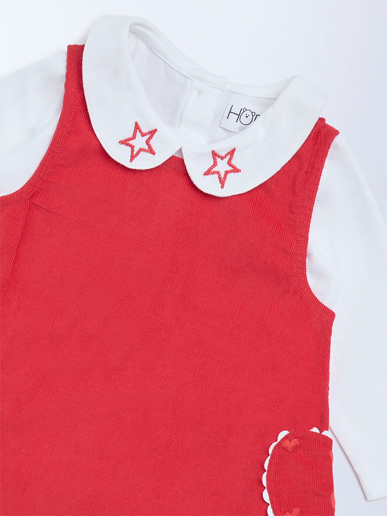 HOP Baby Girls Red Cotton Pinafore and T-Shirt Set