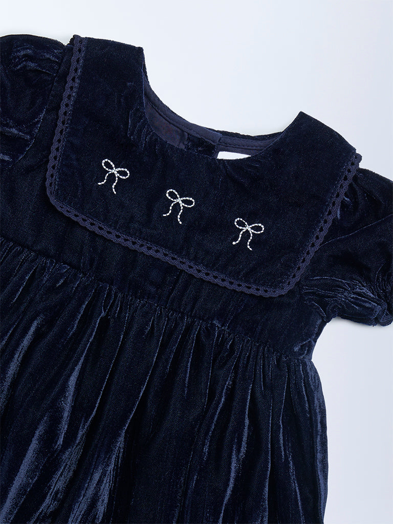 HOP Baby Girls Navy Fit-And-Flare Velvet Dress