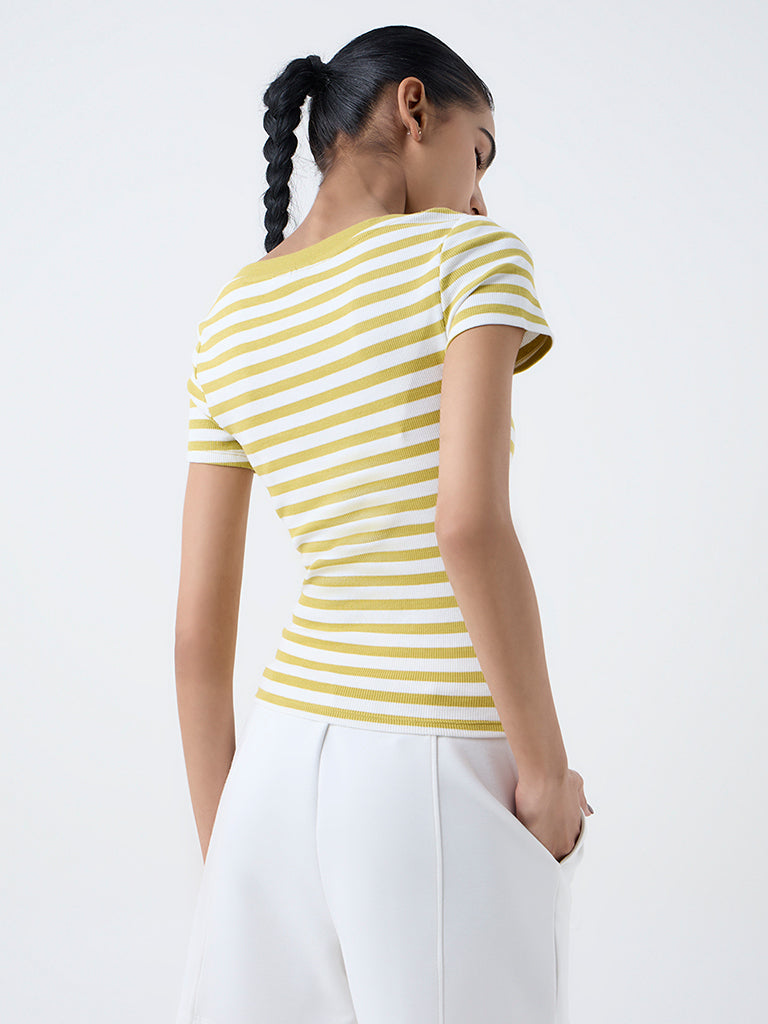 Studiofit Yellow Striped Cotton-Blend T-Shirt