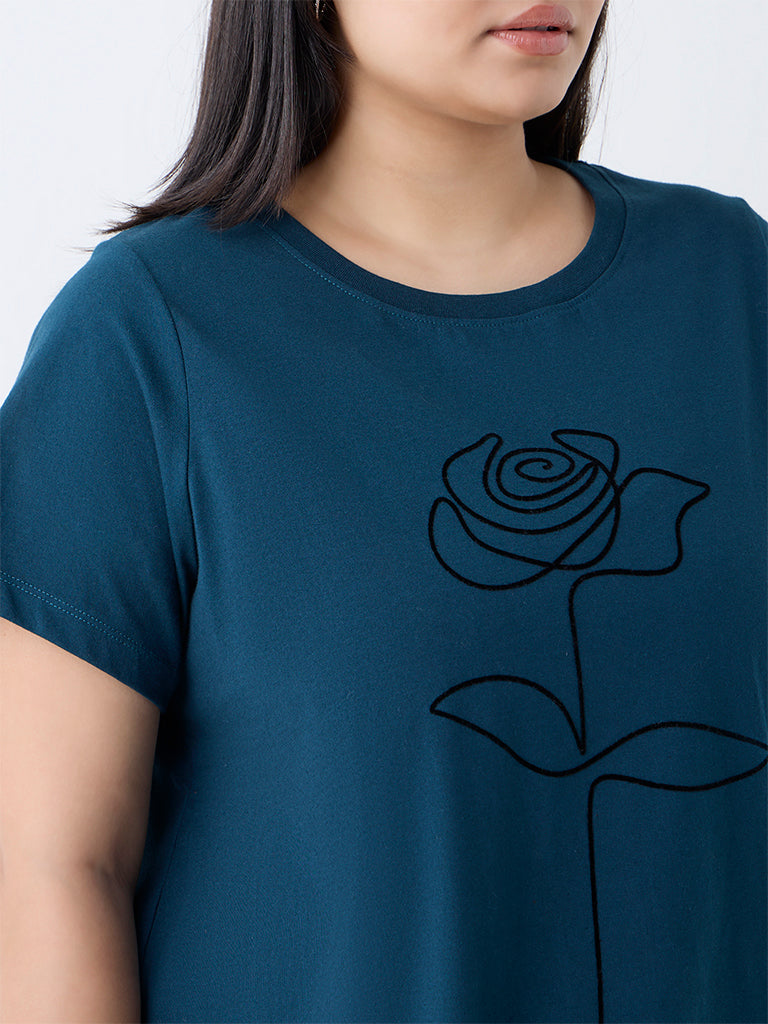 Gia Teal Floral Printed Cotton T-Shirt