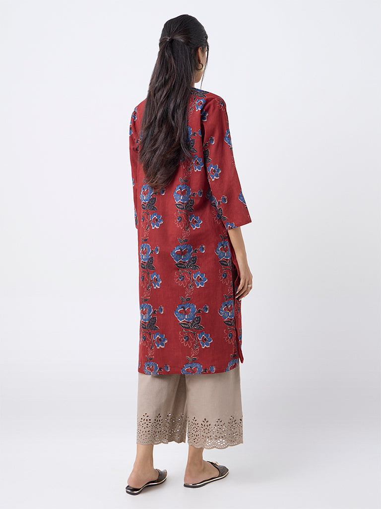 Utsa Maroon Floral Design Cotton Straight Kurta