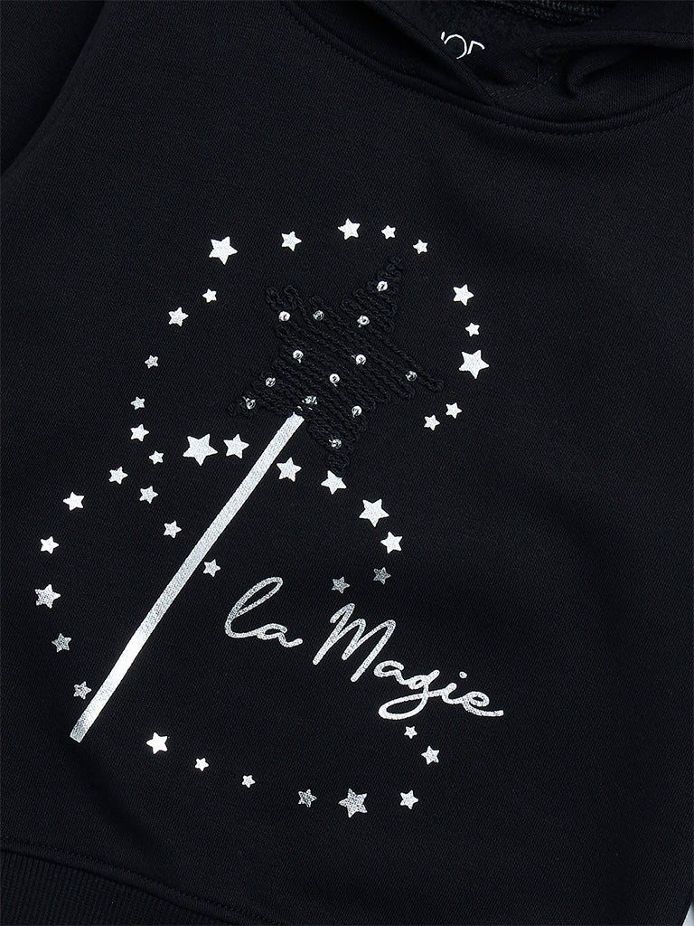 HOP Kids Girls Black Printed Cotton-Blend Hoodie