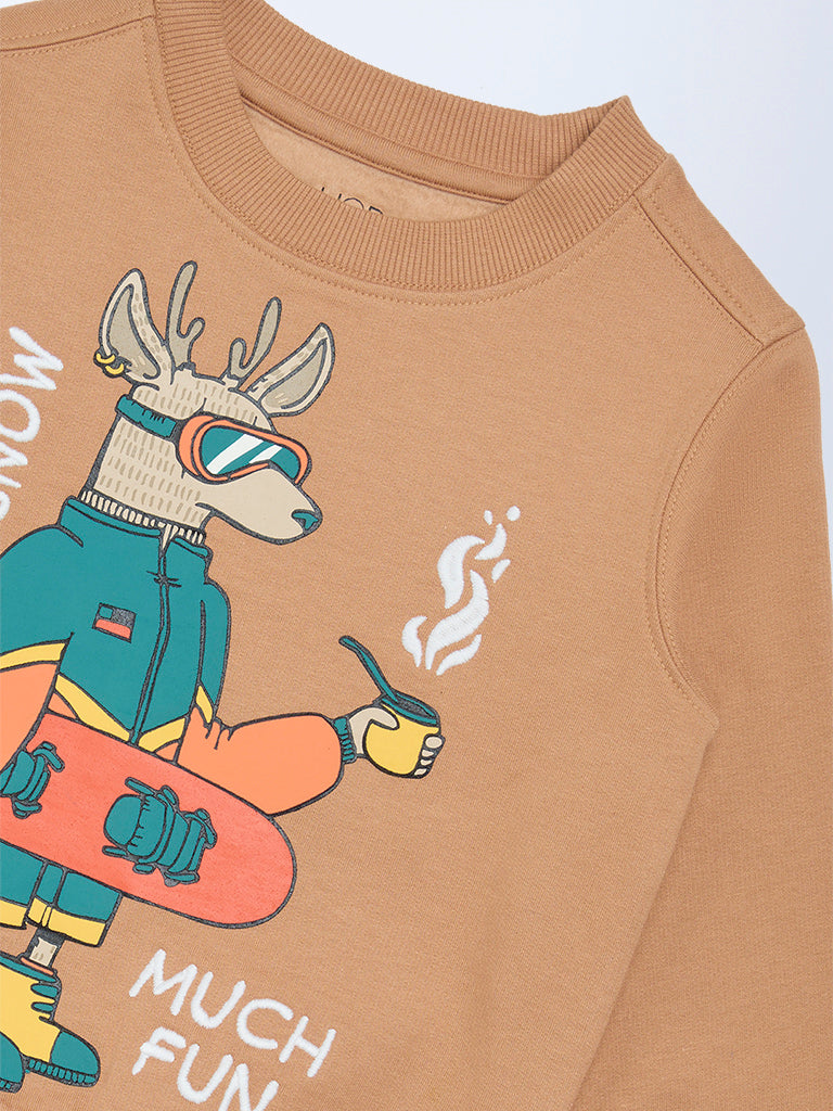 HOP Kids Boys Light Brown Graphic Design Cotton-Blend Sweatshirt