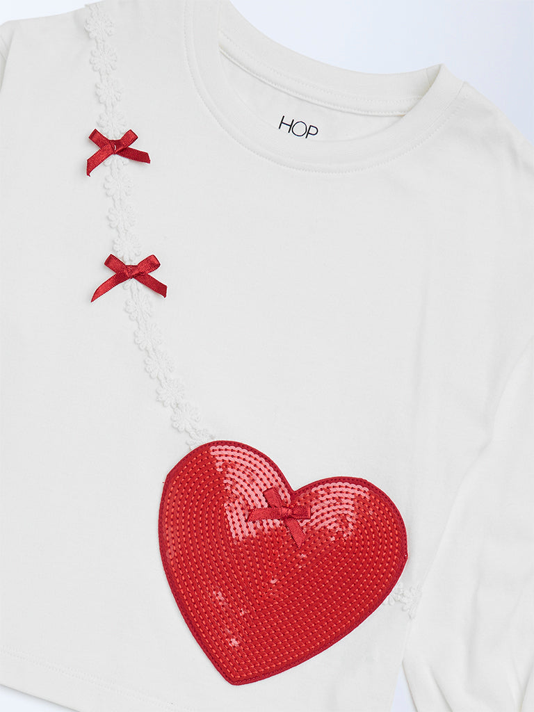 HOP Kids Girls Off-White Heart Embellished Cotton Top