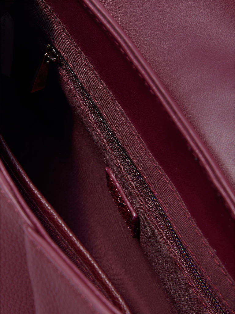 Westside Burgundy Textured Satchel Bag with Sling Handle
