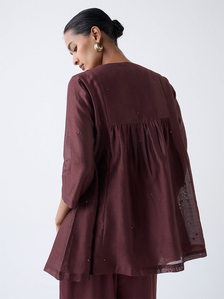 Zuba Brown Embroidered Cotton-Blend Tunic with Inner