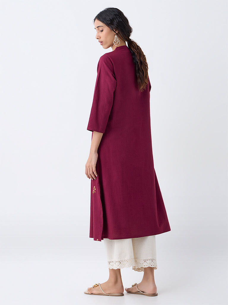 Utsa Maroon Floral Embroidered A-Line Cotton Kurta