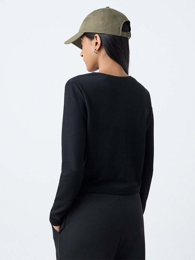 Studiofit Black Ribbed-Textured T-Shirt