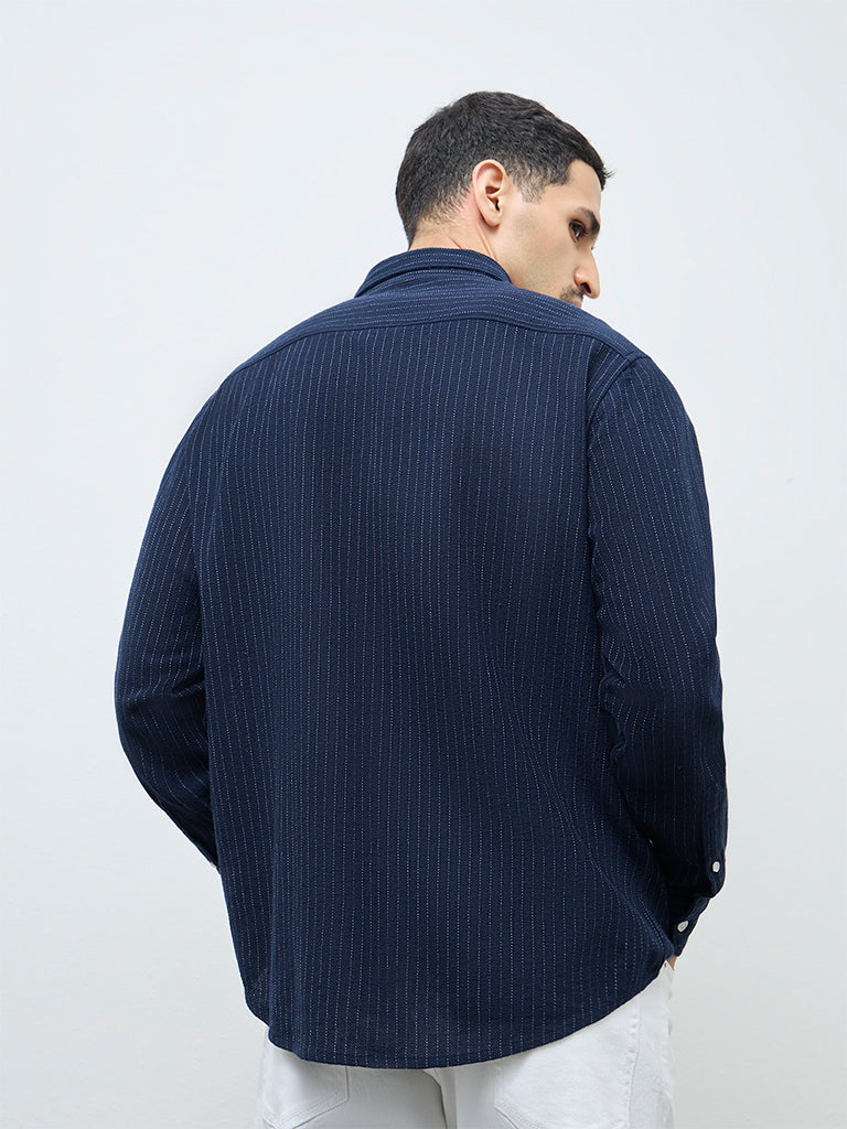 WES Casuals Navy Pinstriped Relaxed-Fit Cotton Shirt