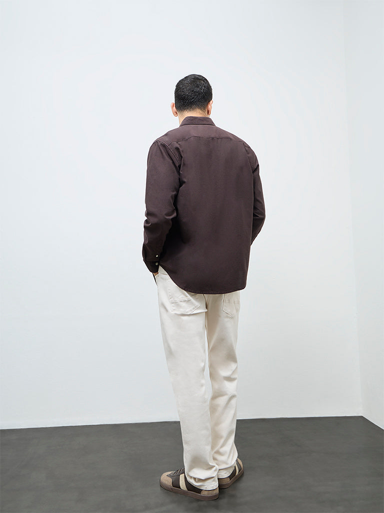 WES Casuals Dark Brown Solid Relaxed-Fit Cotton Shirt