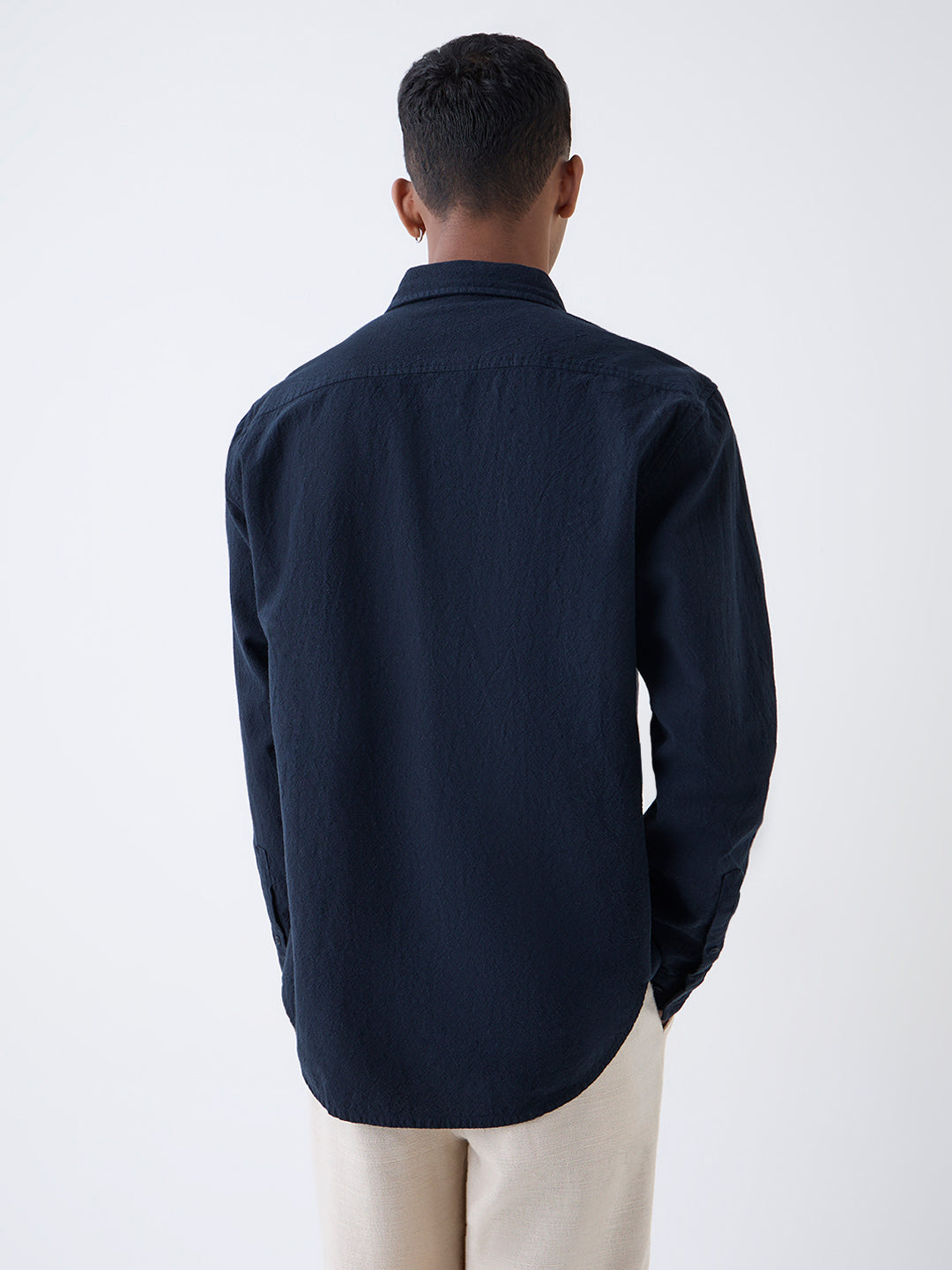 ETA Navy Solid Relaxed-Fit Cotton Shirt